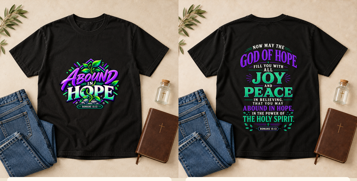 Abound in Hope | Romans 15:13 Men's Christian T-Shirt – Black front and back mockup