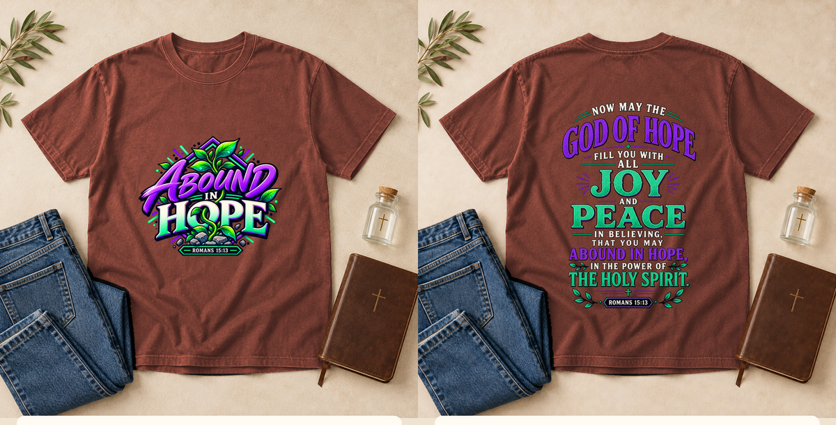 Abound in Hope | Romans 15:13 Men's Christian T-Shirt – Brick front and back mockup