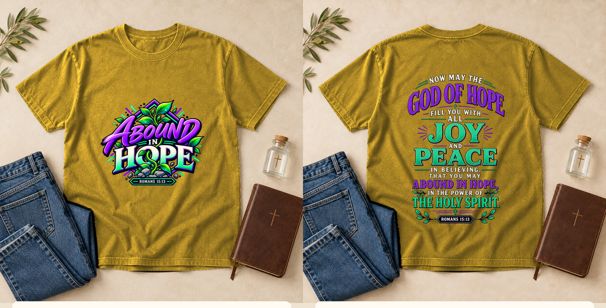 Abound in Hope | Romans 15:13 Men's Christian T-Shirt – Mustard front and back mockup