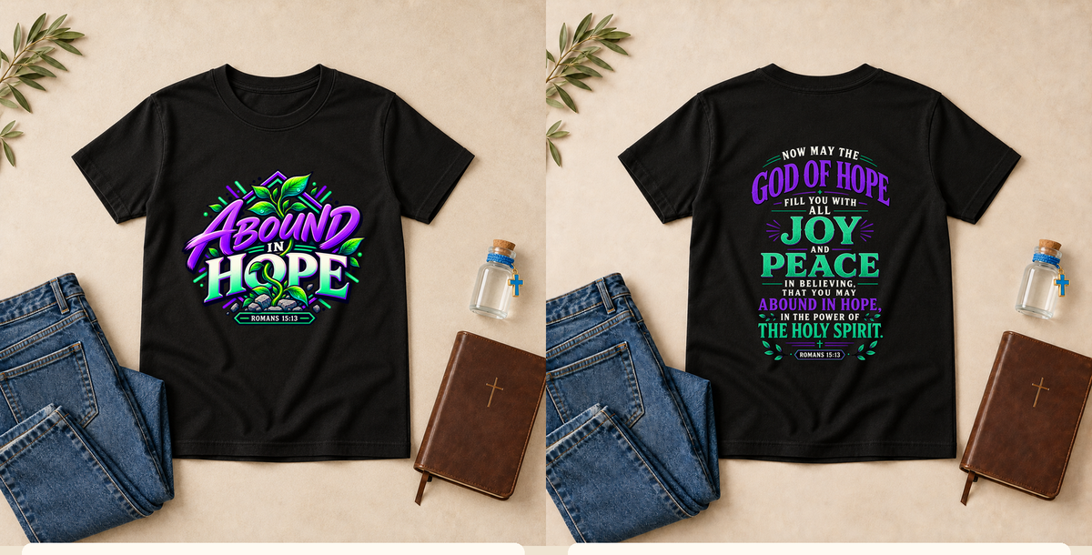 Abound in Hope | Romans 15:13 Youth Christian T-Shirt – Black front and back mockup