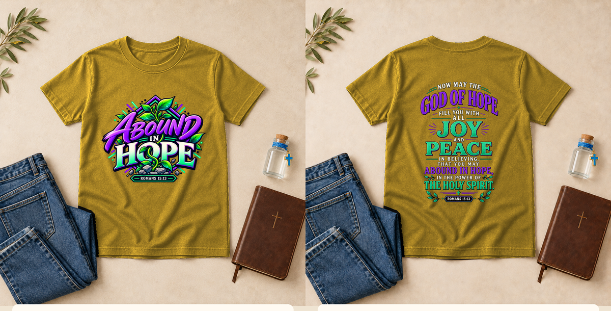 Abound in Hope | Romans 15:13 Youth Christian T-Shirt – Mustard front and back mockup