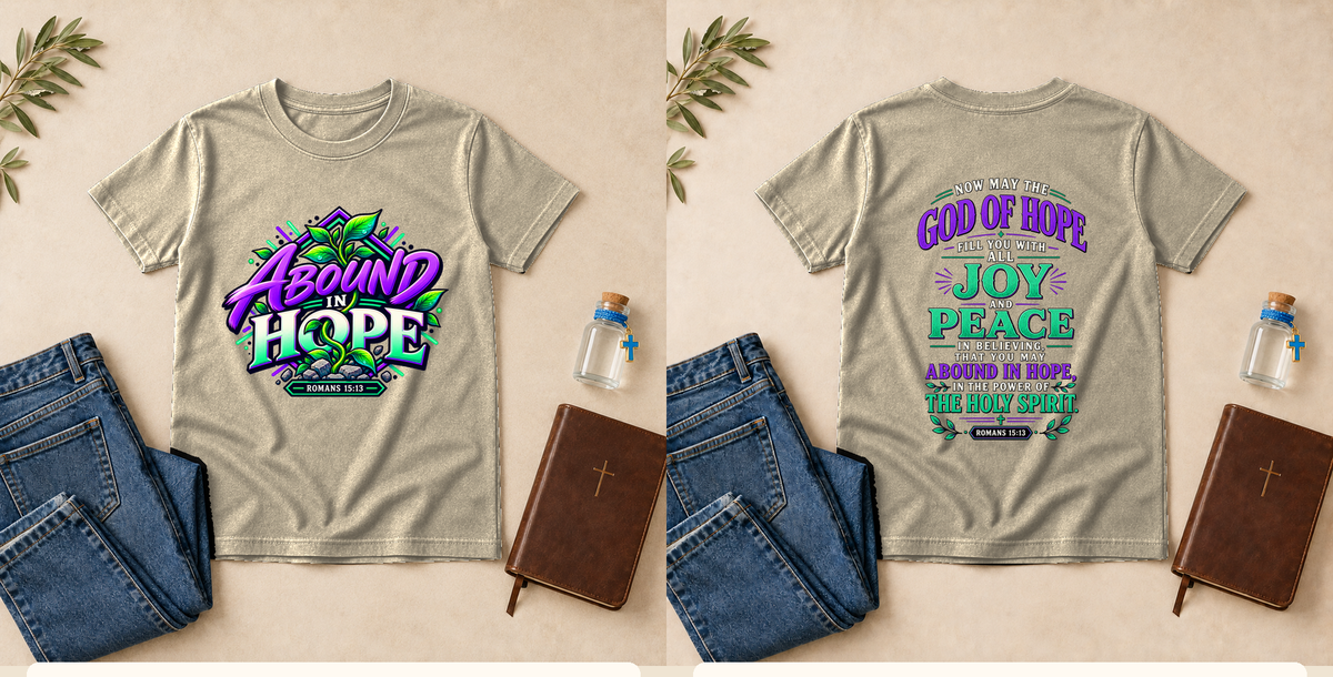 Abound in Hope | Romans 15:13 Youth Christian T-Shirt – Natural front and back mockup
