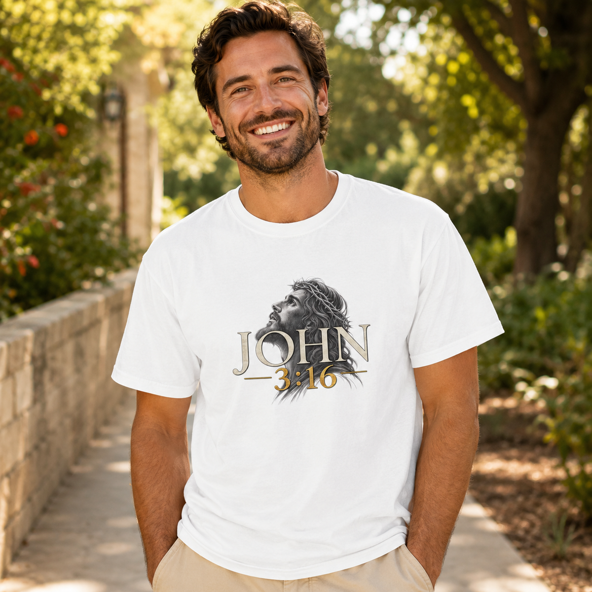 Man wearing a White For God So Loved John 3:16 Christian T-shirt