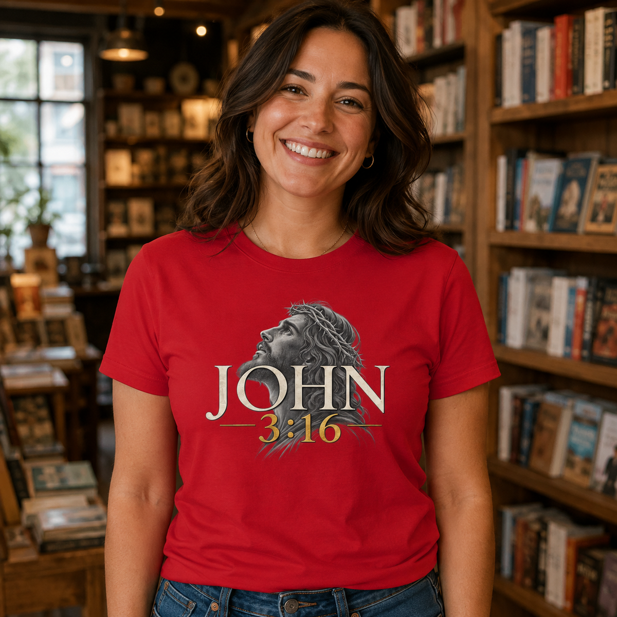 Woman wearing a Red For God So Loved John 3:16 Christian T-shirt