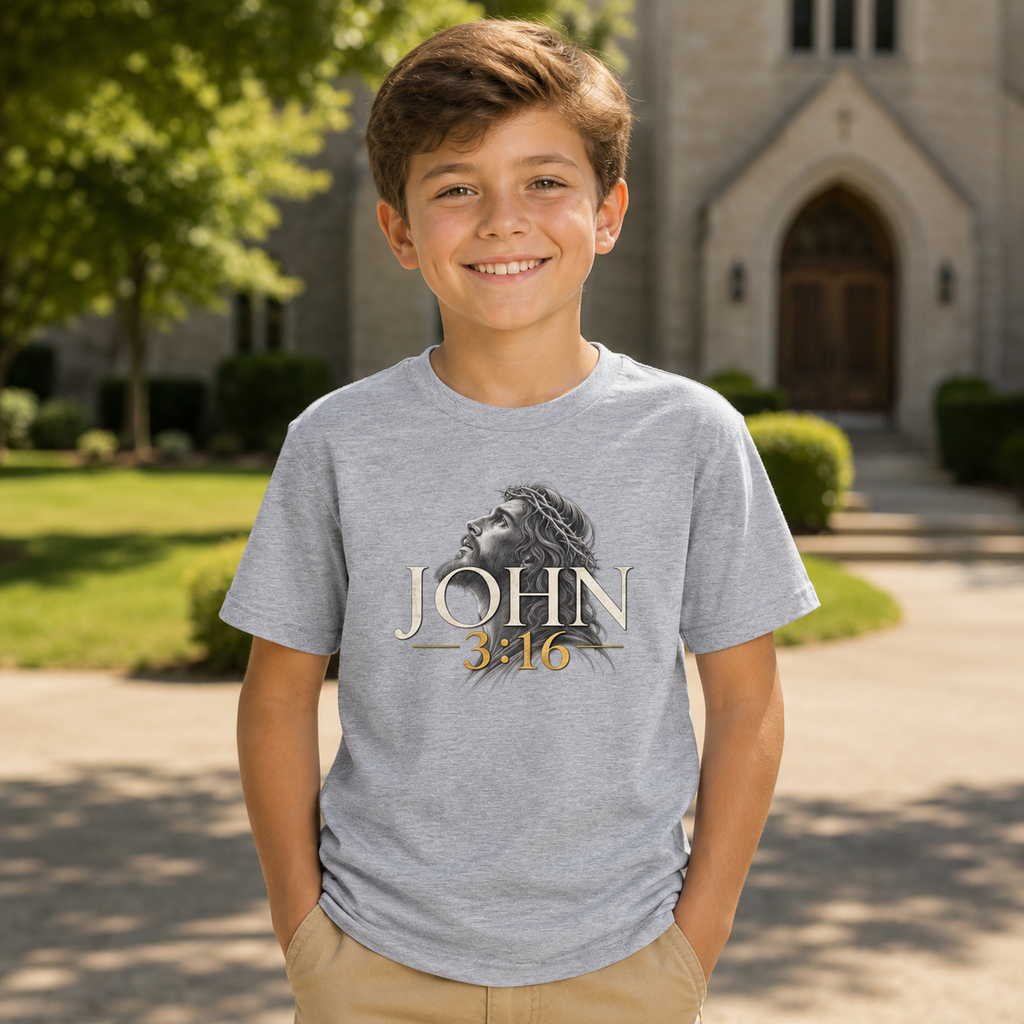 Youth wearing an Athletic Heather For God So Loved John 3:16 Christian T-shirt