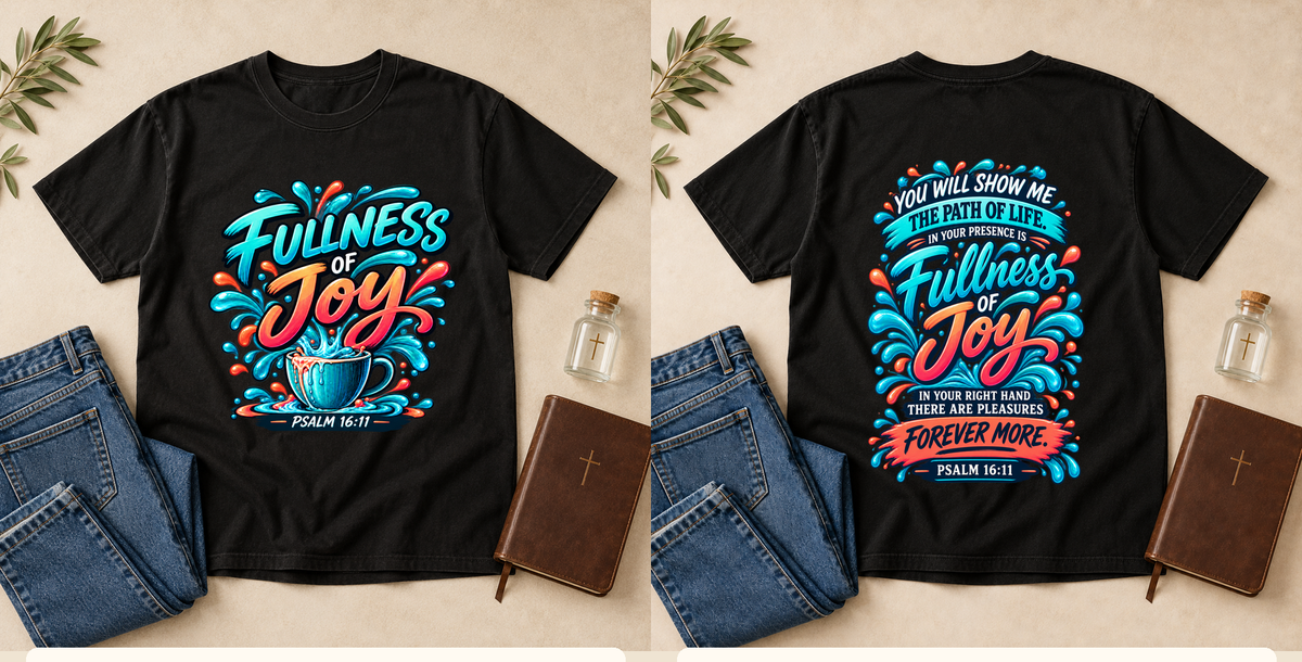 Fullness of Joy | Psalm 16:11 Men's Christian T-Shirt – Black front and back mockup