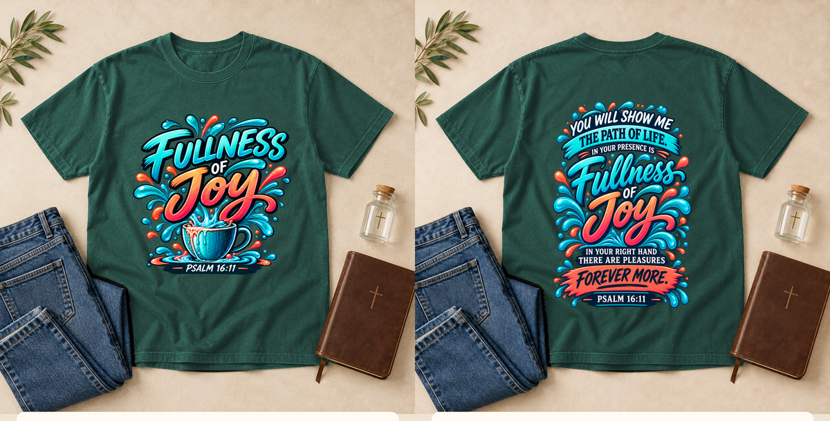 Fullness of Joy | Psalm 16:11 Men's Christian T-Shirt – Blue Spruce front and back mockup