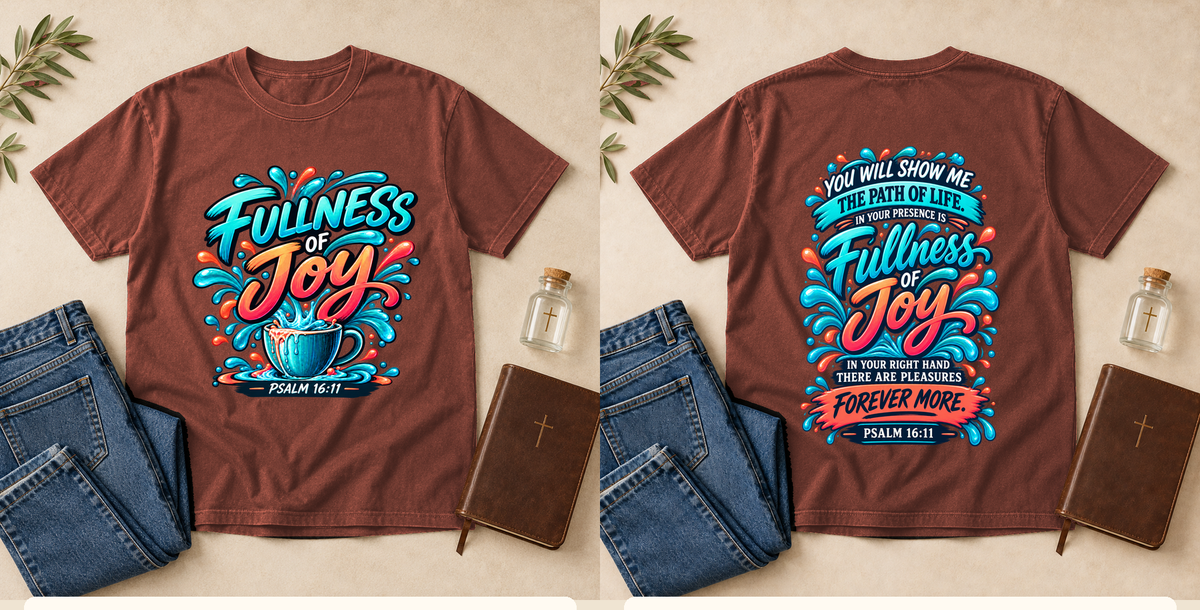 Fullness of Joy | Psalm 16:11 Men's Christian T-Shirt – Brick front and back mockup