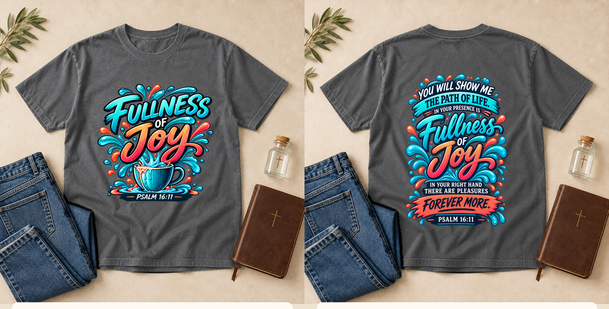 Fullness of Joy | Psalm 16:11 Men's Christian T-Shirt – Granite front and back mockup