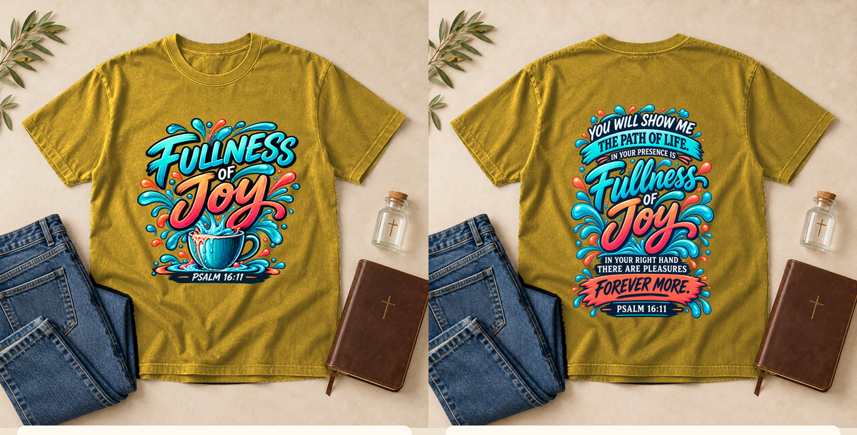 Fullness of Joy | Psalm 16:11 Men's Christian T-Shirt – Mustard front and back mockup