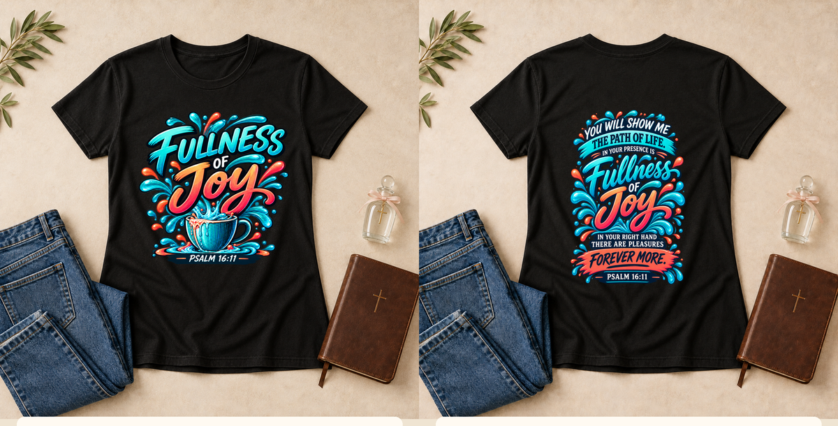Fullness of Joy | Psalm 16:11 Women's Christian T-Shirt – Black front and back mockup