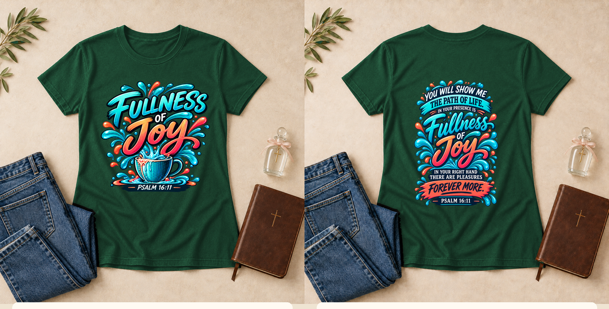 Fullness of Joy | Psalm 16:11 Women's Christian T-Shirt – Forest front and back mockup