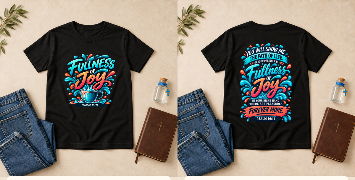Fullness of Joy | Psalm 16:11 Youth Christian T-Shirt – Black front and back mockup