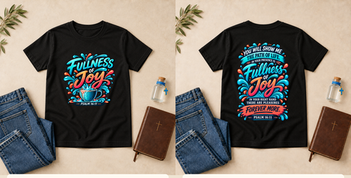 Fullness of Joy | Psalm 16:11 Youth Christian T-Shirt – Black front and back mockup