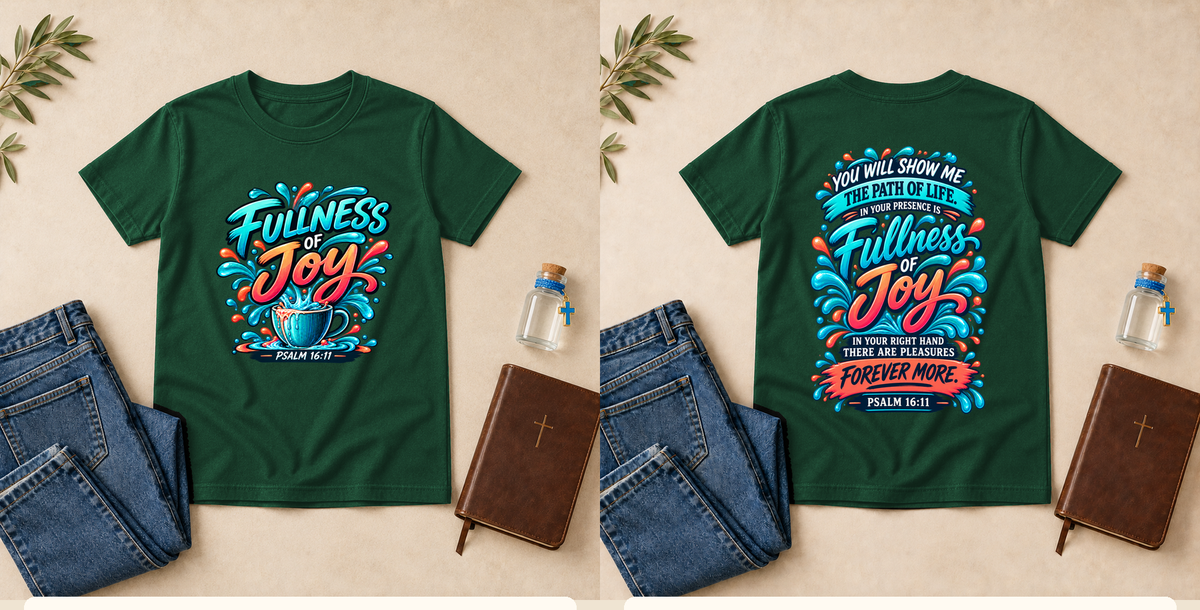 Fullness of Joy | Psalm 16:11 Youth Christian T-Shirt – Forest front and back mockup