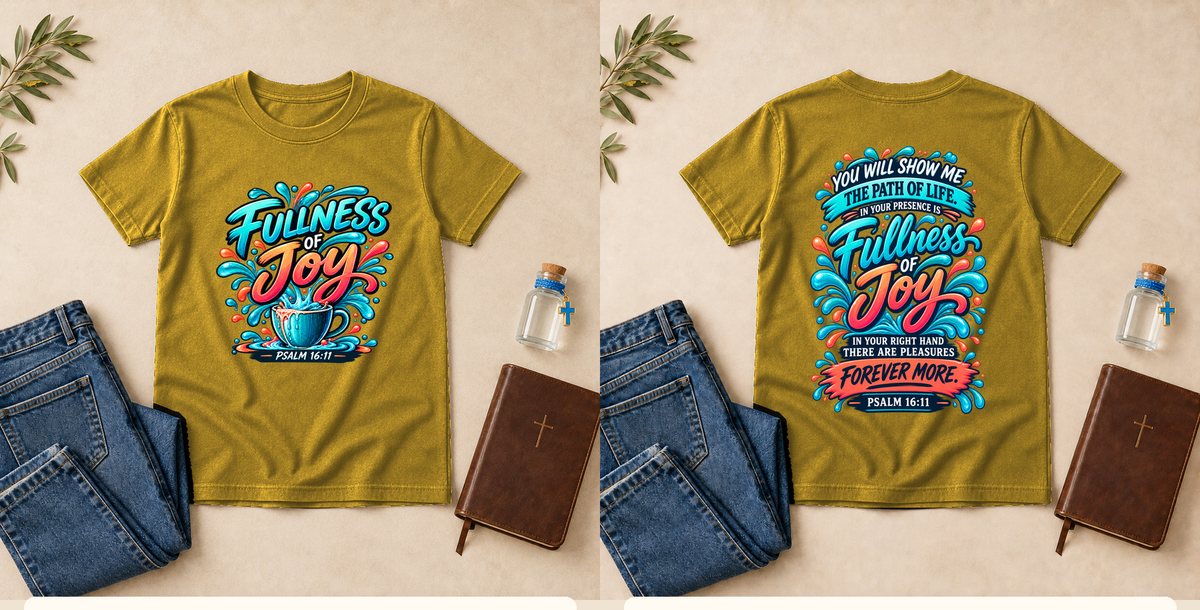 Fullness of Joy | Psalm 16:11 Youth Christian T-Shirt – Mustard front and back mockup