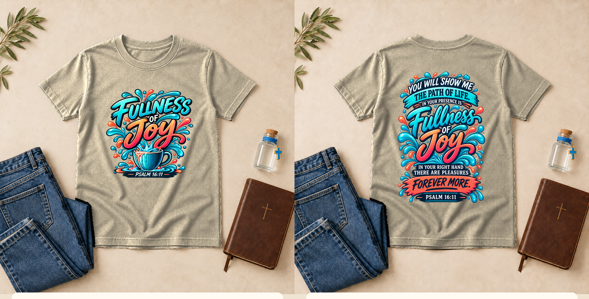Fullness of Joy | Psalm 16:11 Youth Christian T-Shirt – Natural front and back mockup