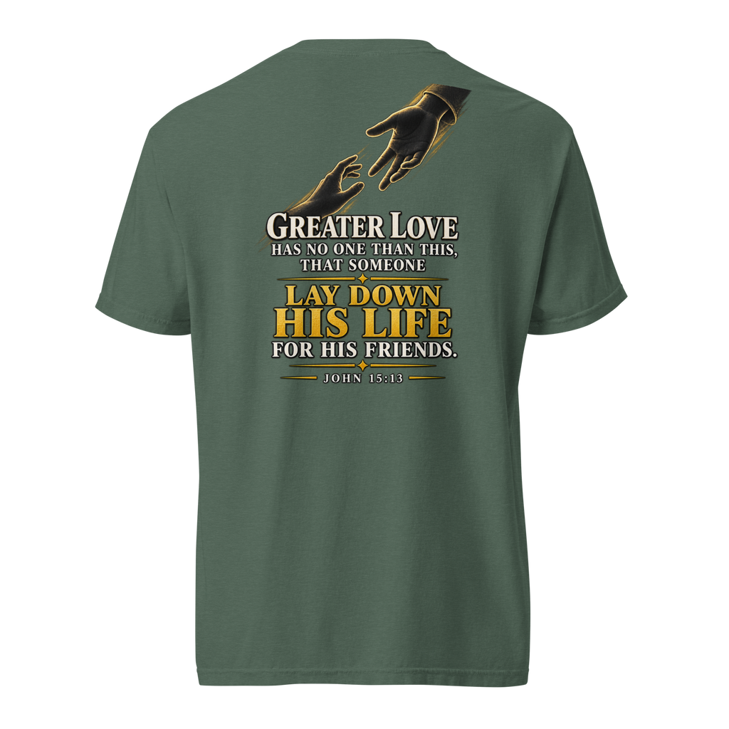 Men's greater love Christian T-shirt blue spruce back mockup