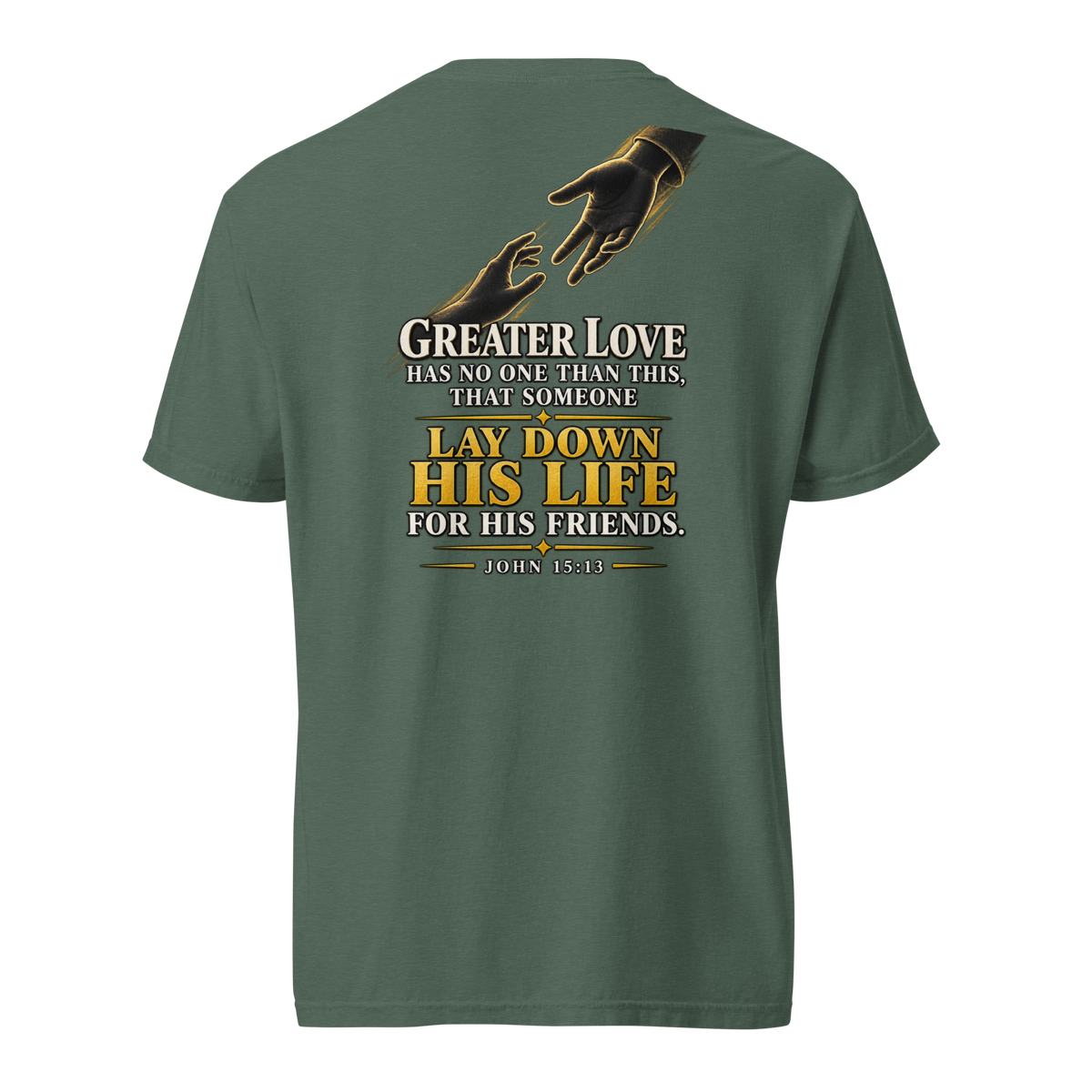 Men's greater love Christian T-shirt blue spruce back mockup