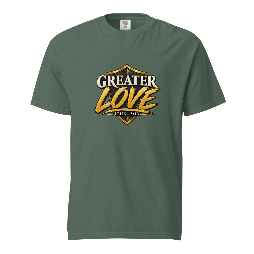Men's greater love Christian T-shirt blue spruce front mockup