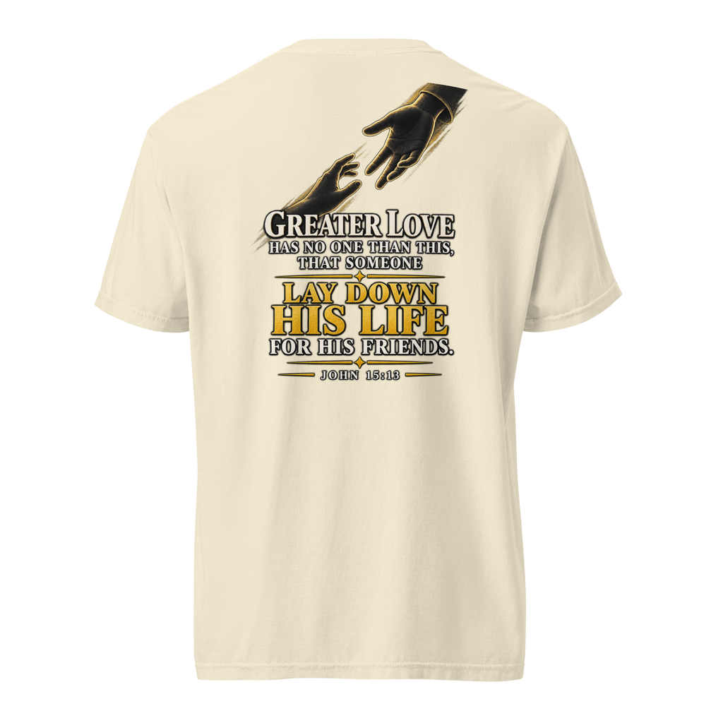 Men's greater love Christian T-shirt ivory back mockup