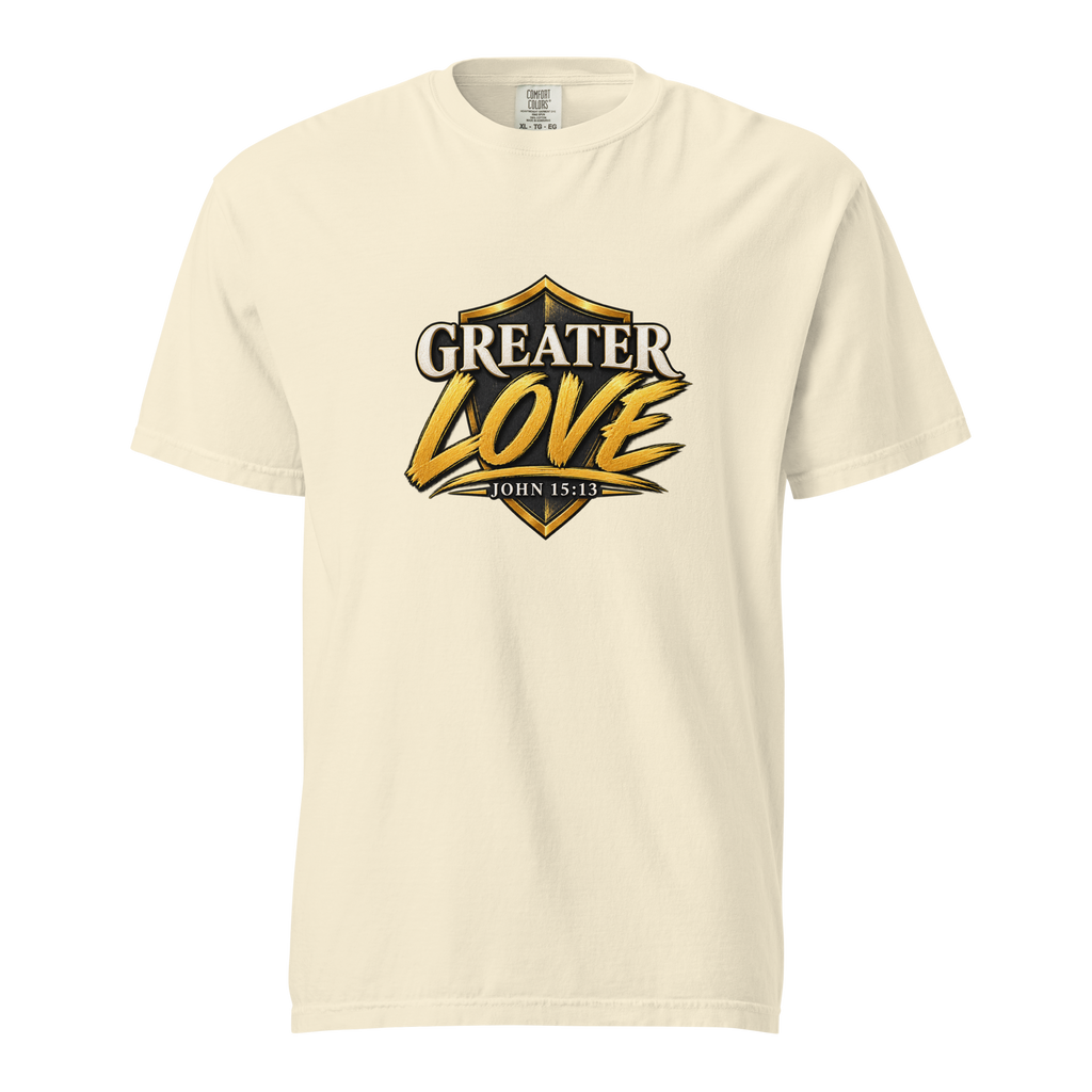Men's greater love Christian T-shirt ivory front mockup