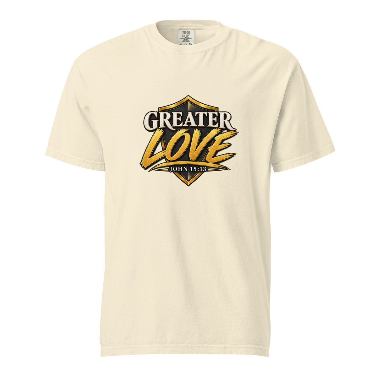 Men's greater love Christian T-shirt ivory front mockup