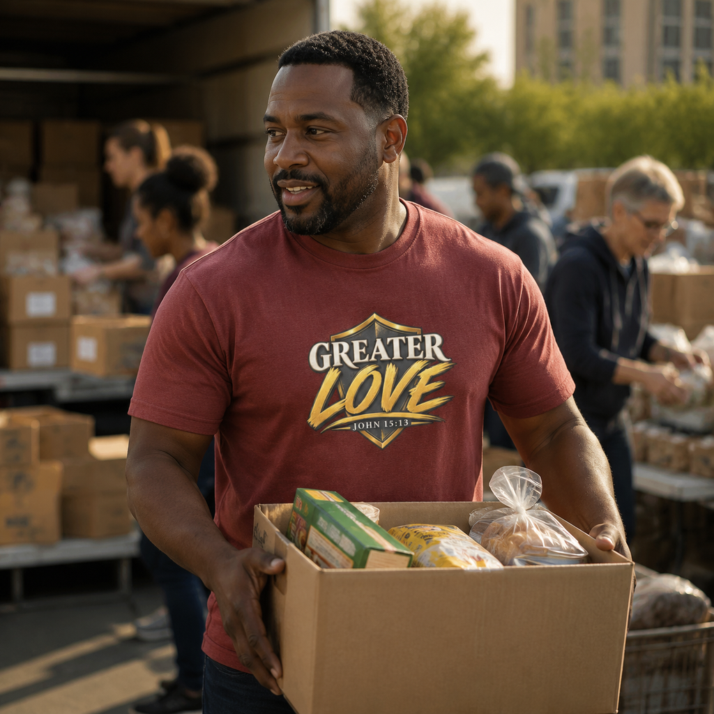 Man wearing Greater Love John 15:13 Christian T-shirt while volunteering