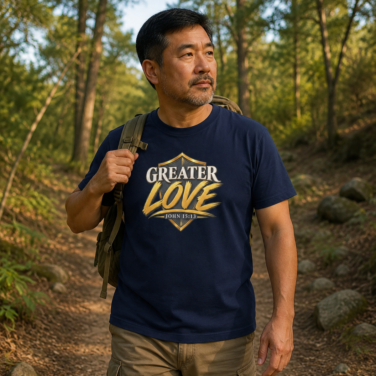 Man wearing Greater Love John 15:13 Christian T-shirt on a woodland trail