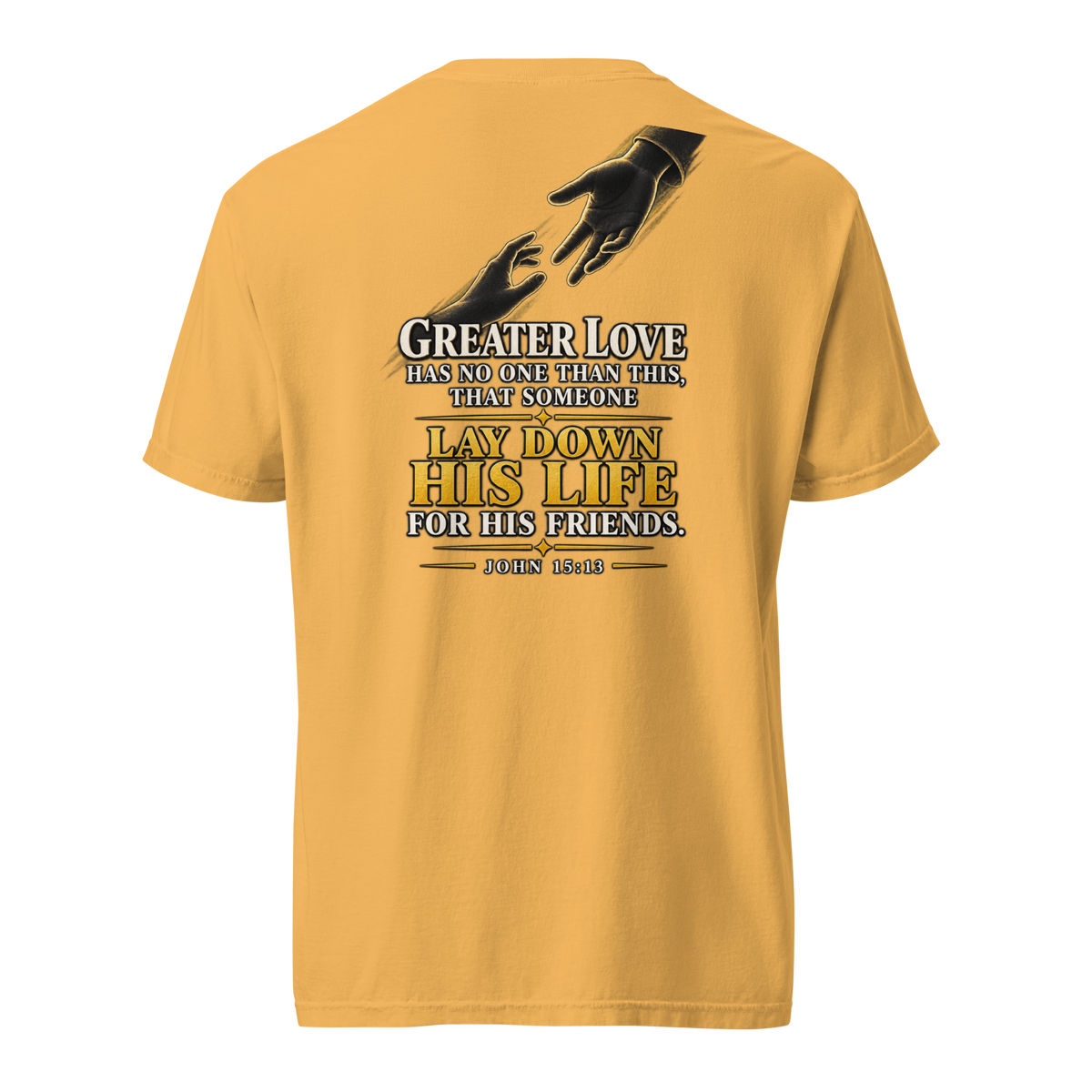 Men's greater love Christian T-shirt mustard back mockup