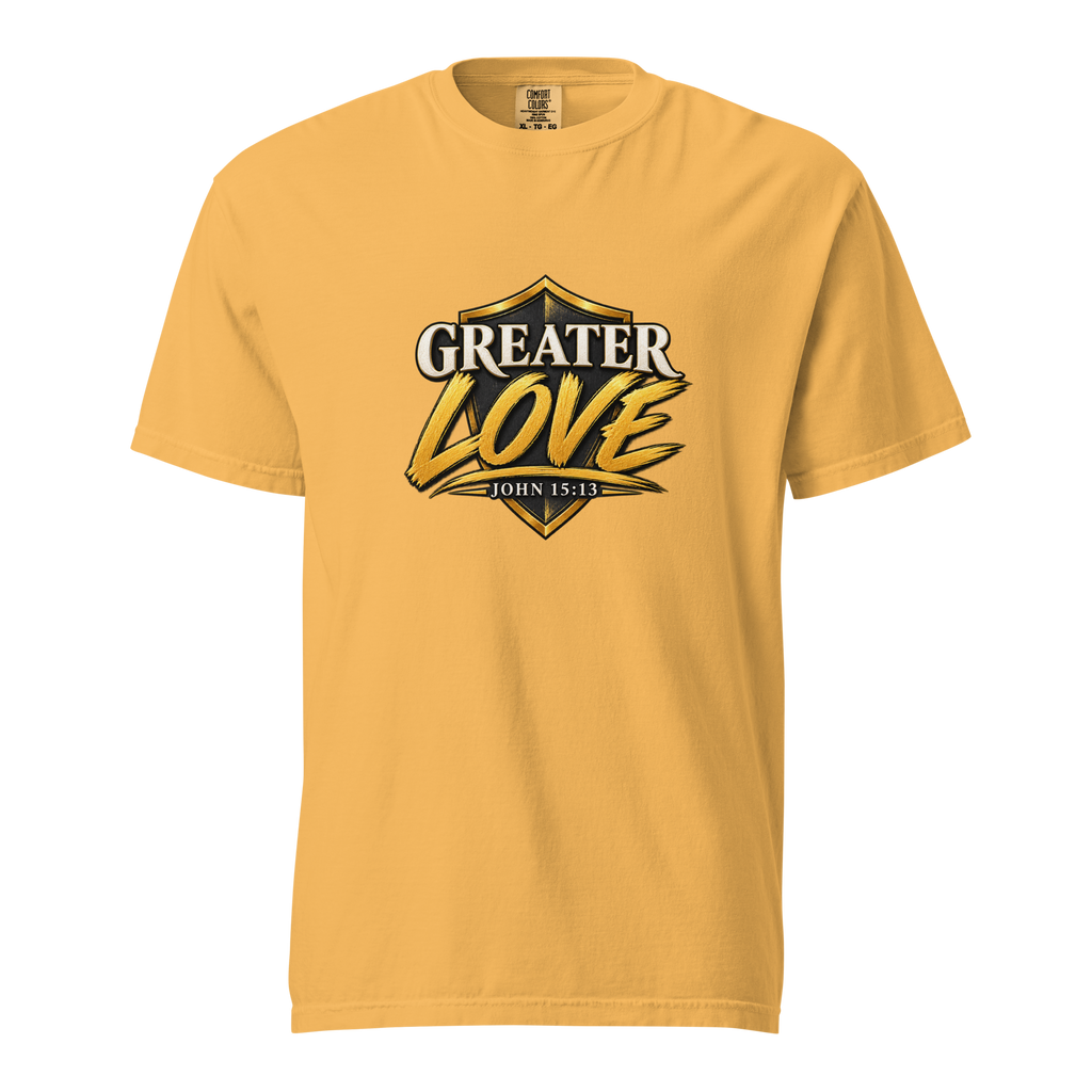 Men's greater love Christian T-shirt mustard front mockup
