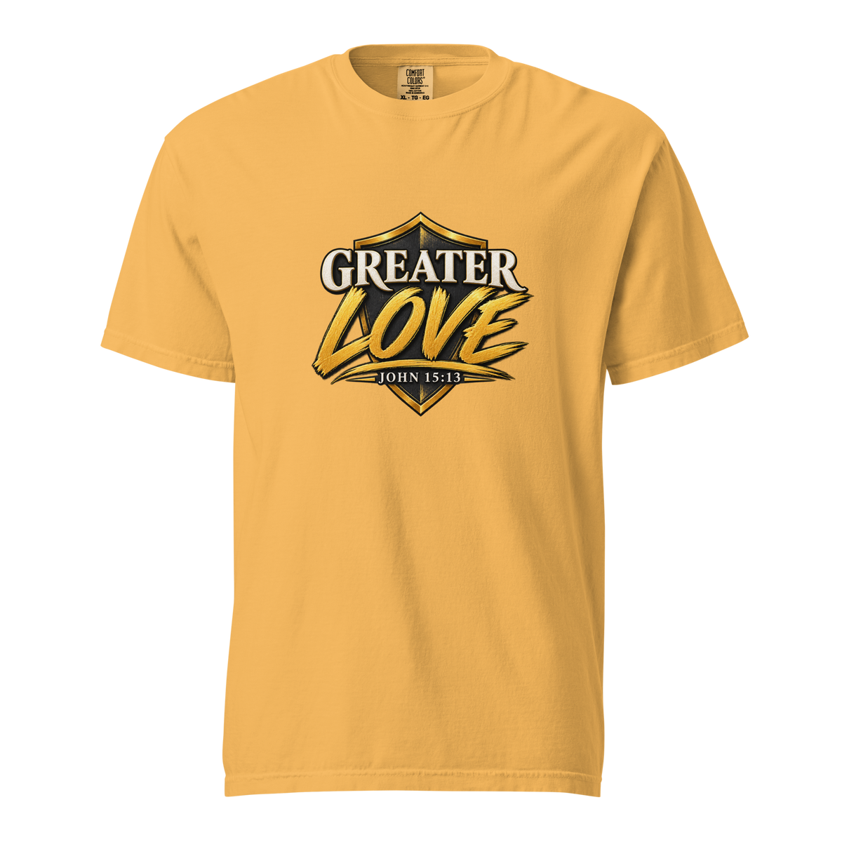 Men's greater love Christian T-shirt mustard front mockup