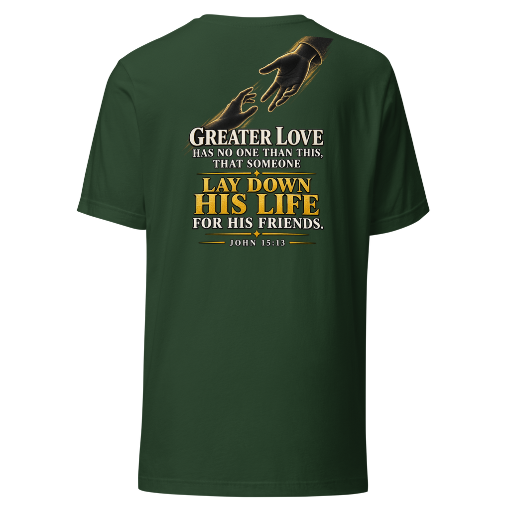 Women's greater love Christian T-shirt forest back mockup