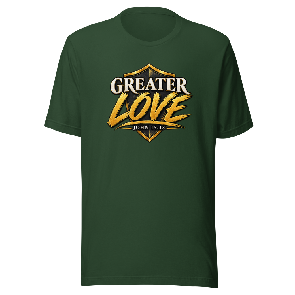 Women's greater love Christian T-shirt forest front mockup