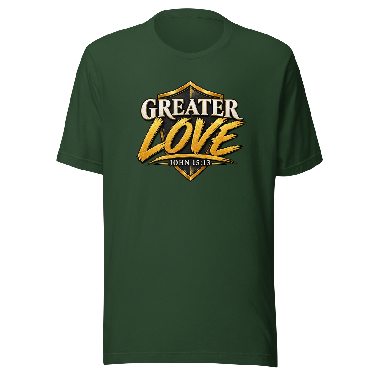 Women's greater love Christian T-shirt forest front mockup