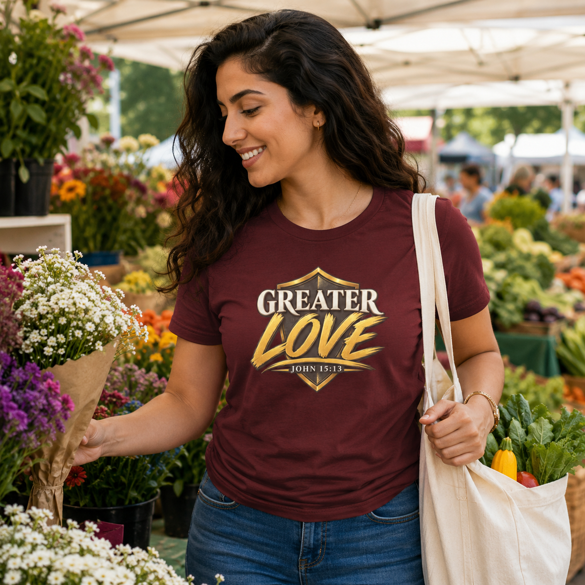 Woman wearing Greater Love John 15:13 Christian T-shirt at a farmers market