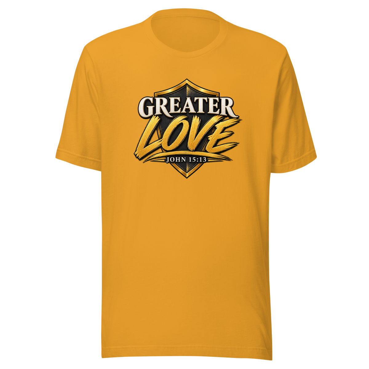 Women's greater love Christian T-shirt mustard front mockup