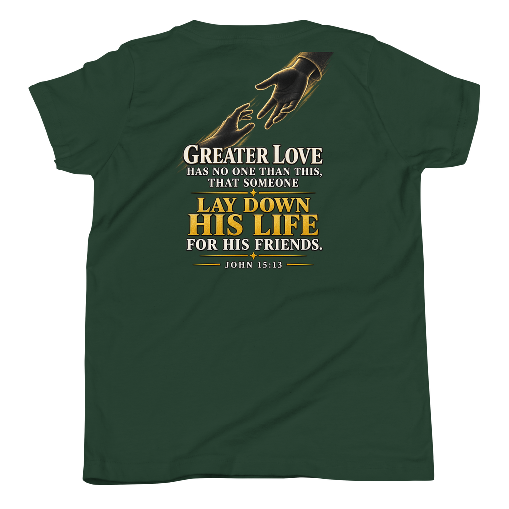 Youth greater love Christian T-shirt forest back mockup