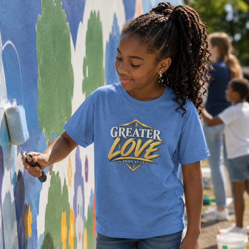 Youth wearing Greater Love John 15:13 Christian T-shirt at a community mural