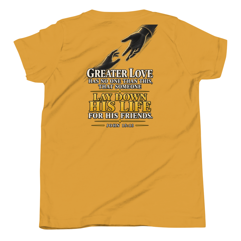 Youth greater love Christian T-shirt mustard back mockup