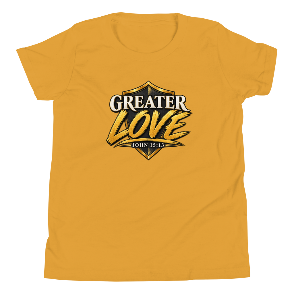 Youth greater love Christian T-shirt mustard front mockup