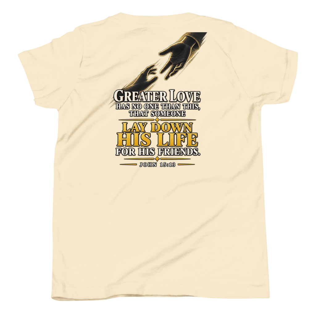 Youth greater love Christian T-shirt natural back mockup