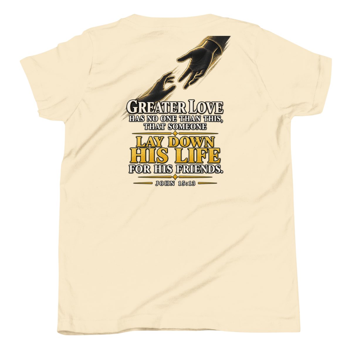 Youth greater love Christian T-shirt natural back mockup