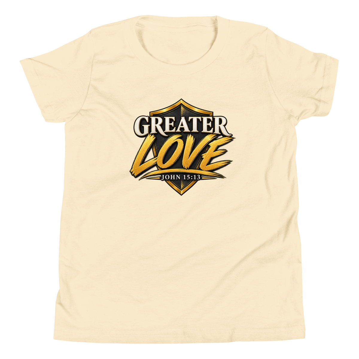 Youth greater love Christian T-shirt natural front mockup