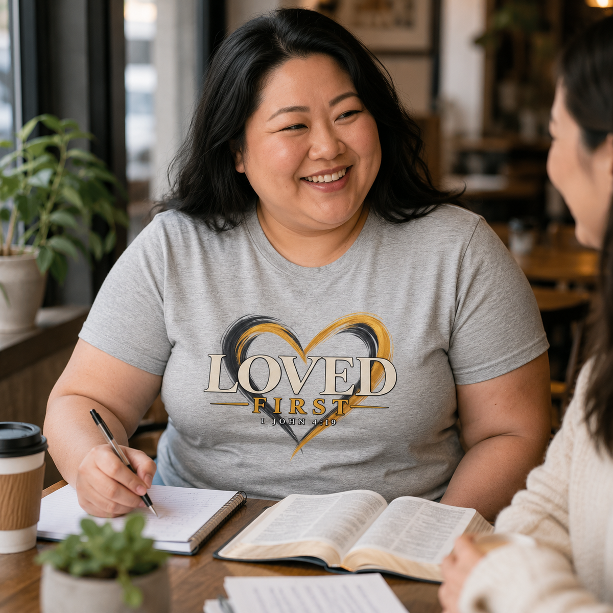 Woman wearing the He First Loved Us shirt during a Bible study