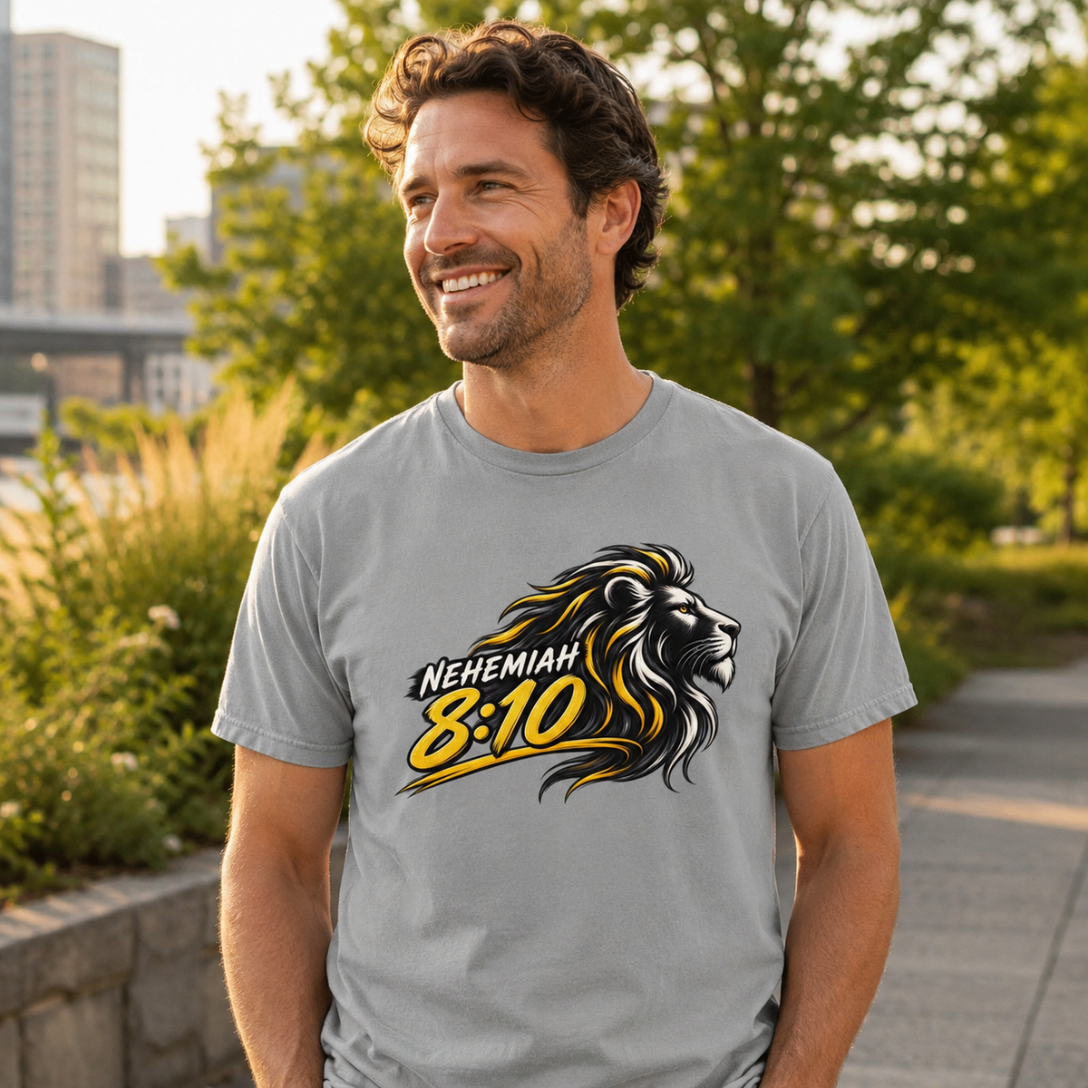 Man wearing a Granite The Joy of Yahweh Is Your Strength Nehemiah 8:10 Christian T-shirt