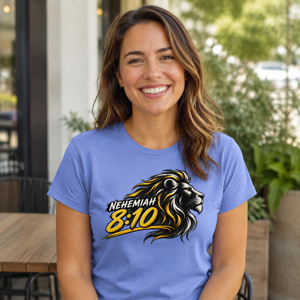 Woman wearing a Heather Columbia Blue The Joy of Yahweh Is Your Strength Nehemiah 8:10 Christian T-shirt