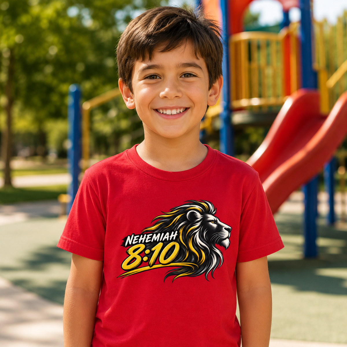 Youth wearing a Red The Joy of Yahweh Is Your Strength Nehemiah 8:10 Christian T-shirt