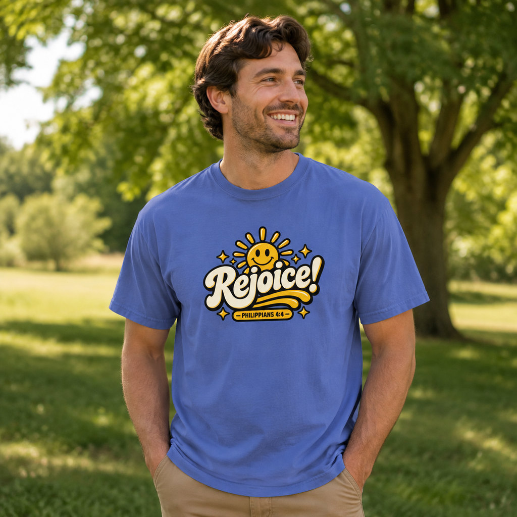 Man wearing a Mystic Blue Rejoice Philippians 4:4 Christian T-shirt