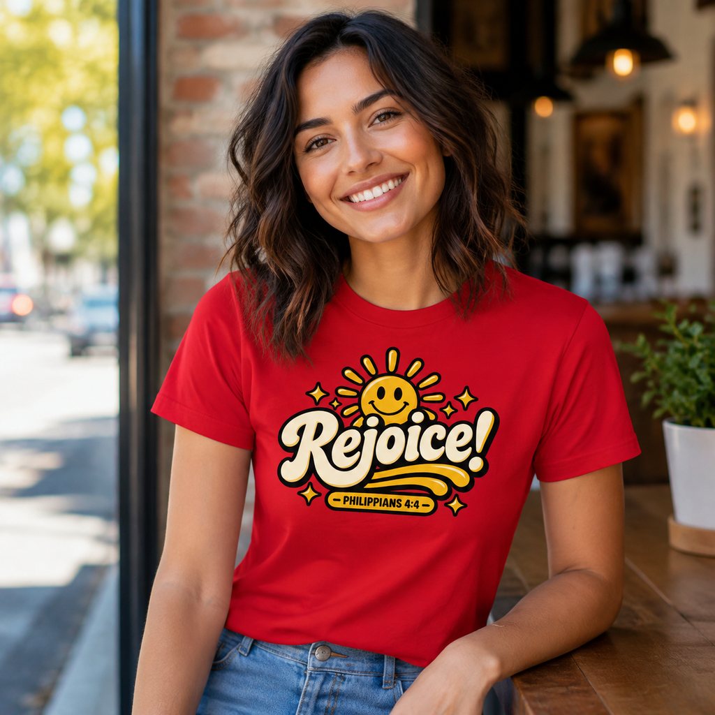 Woman wearing a Red Rejoice Philippians 4:4 Christian T-shirt